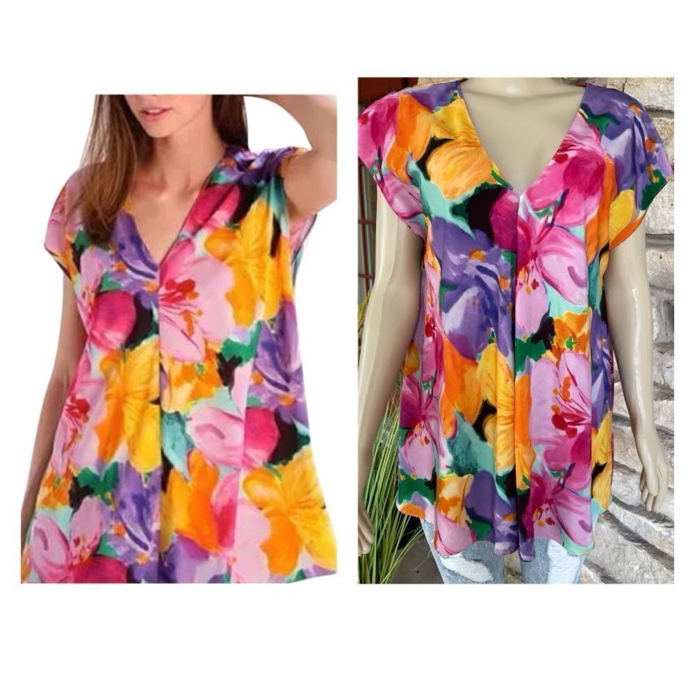 Lauren Ralph Lauren Size‎ Large Watercolor Floral Print Crepe Tunic Blouse